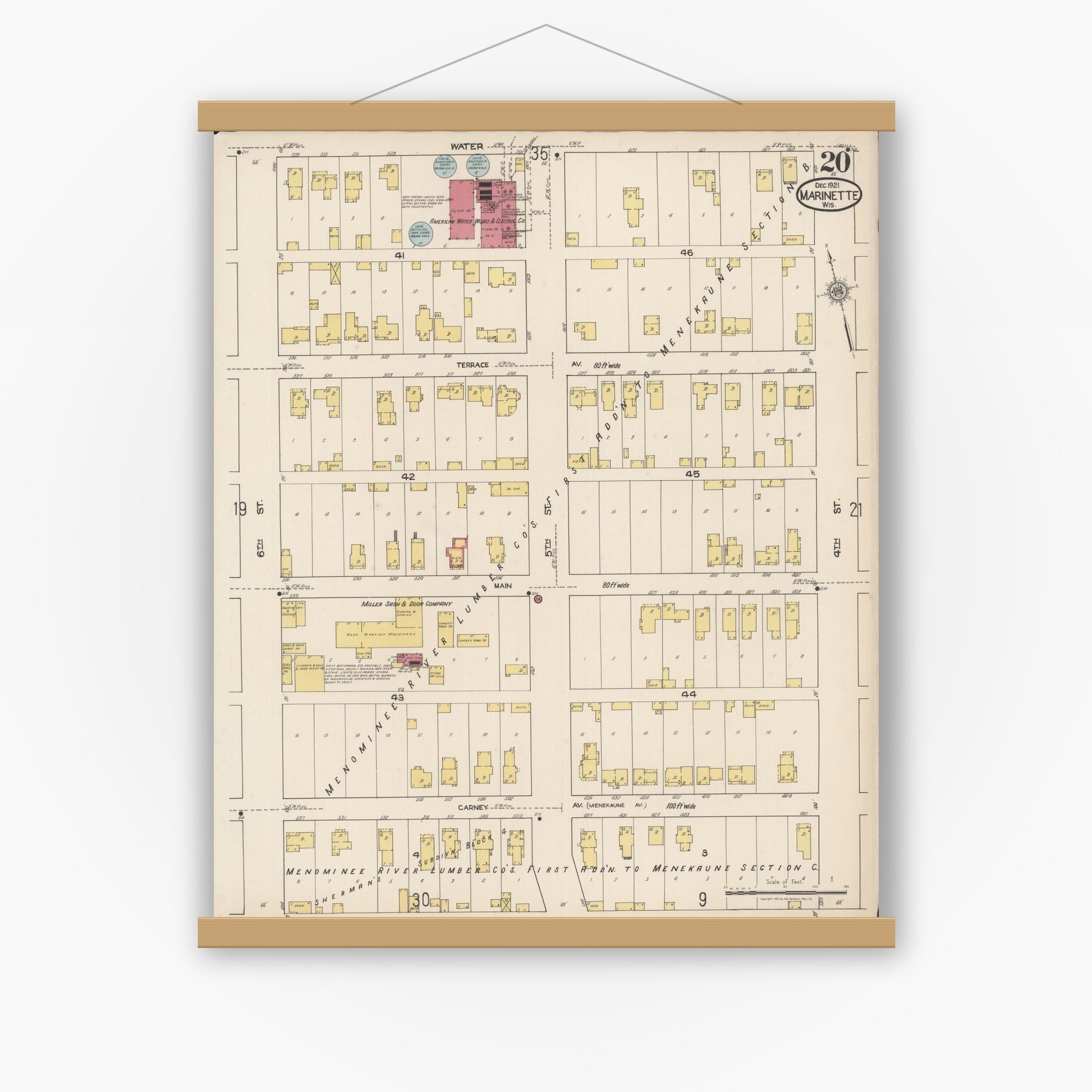 Old map wall art mockup — magnetic wood frame on white wall — Sanborn Fire Insurance Map from Marinette, Marinette County, Wisconsin (1921), Sheet #0020