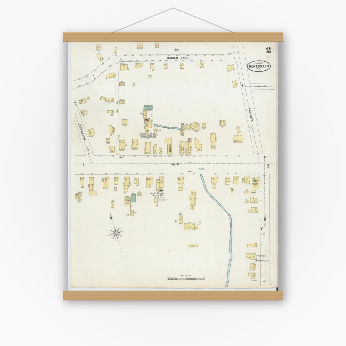 Old map wall art mockup — magnetic wood frame on white wall — Sanborn Fire Insurance Map from Monticello, Sullivan County, New York (1897), Sheet #0002