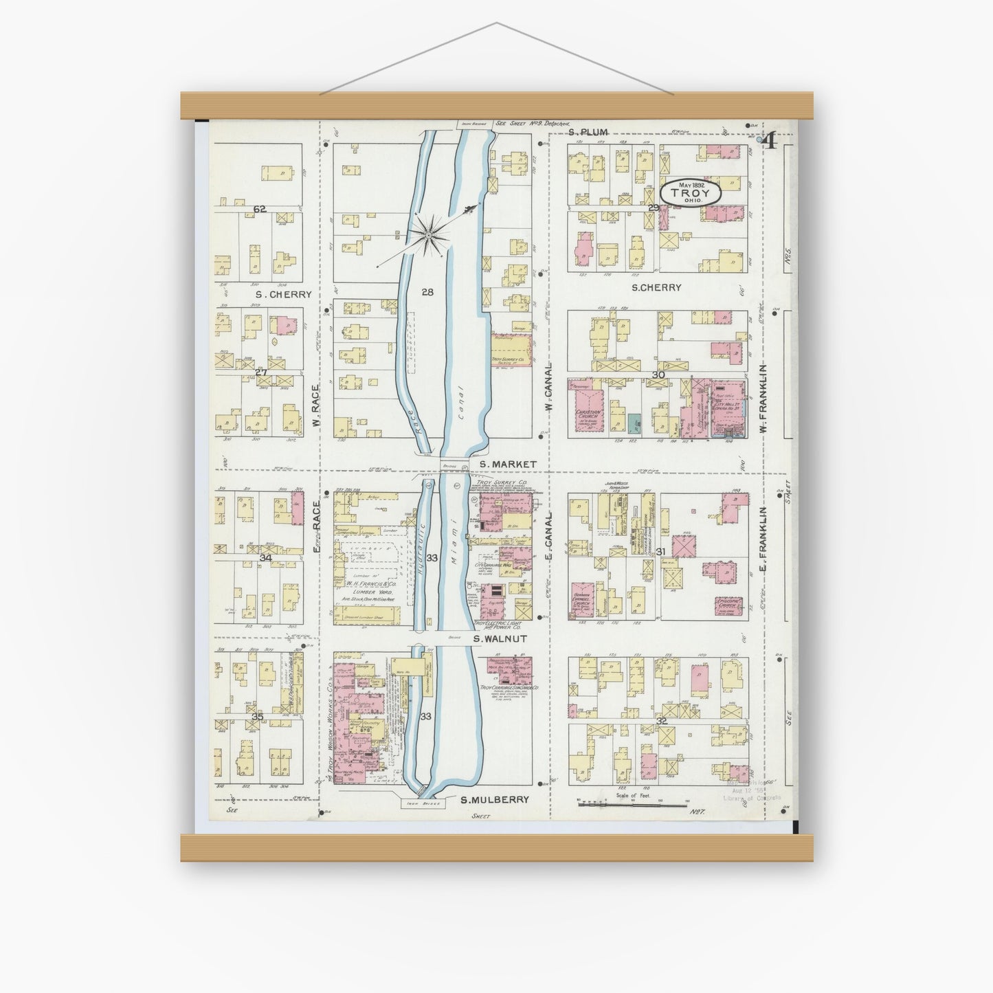Old map wall art mockup — magnetic wood frame on white wall — Sanborn Fire Insurance Map from Troy, Miami County, Ohio (1892), Sheet #0004