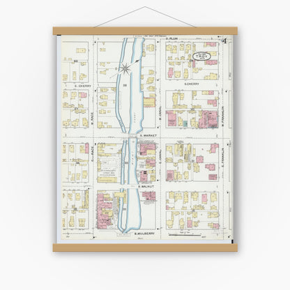 Old map wall art mockup — magnetic wood frame on white wall — Sanborn Fire Insurance Map from Troy, Miami County, Ohio (1892), Sheet #0004
