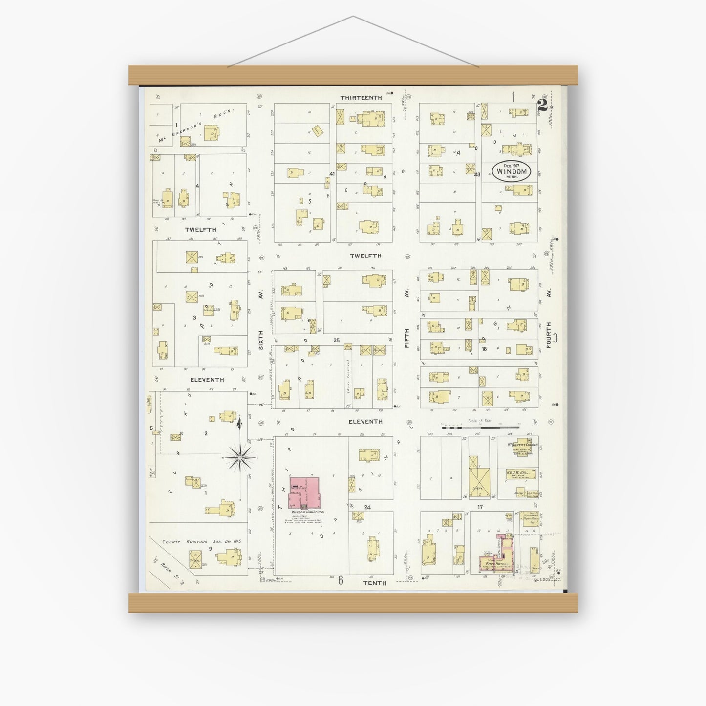 Old map wall art mockup — magnetic wood frame on white wall — Sanborn Fire Insurance Map from Windom, Cottonwood County, Minnesota (1907), Sheet #0002