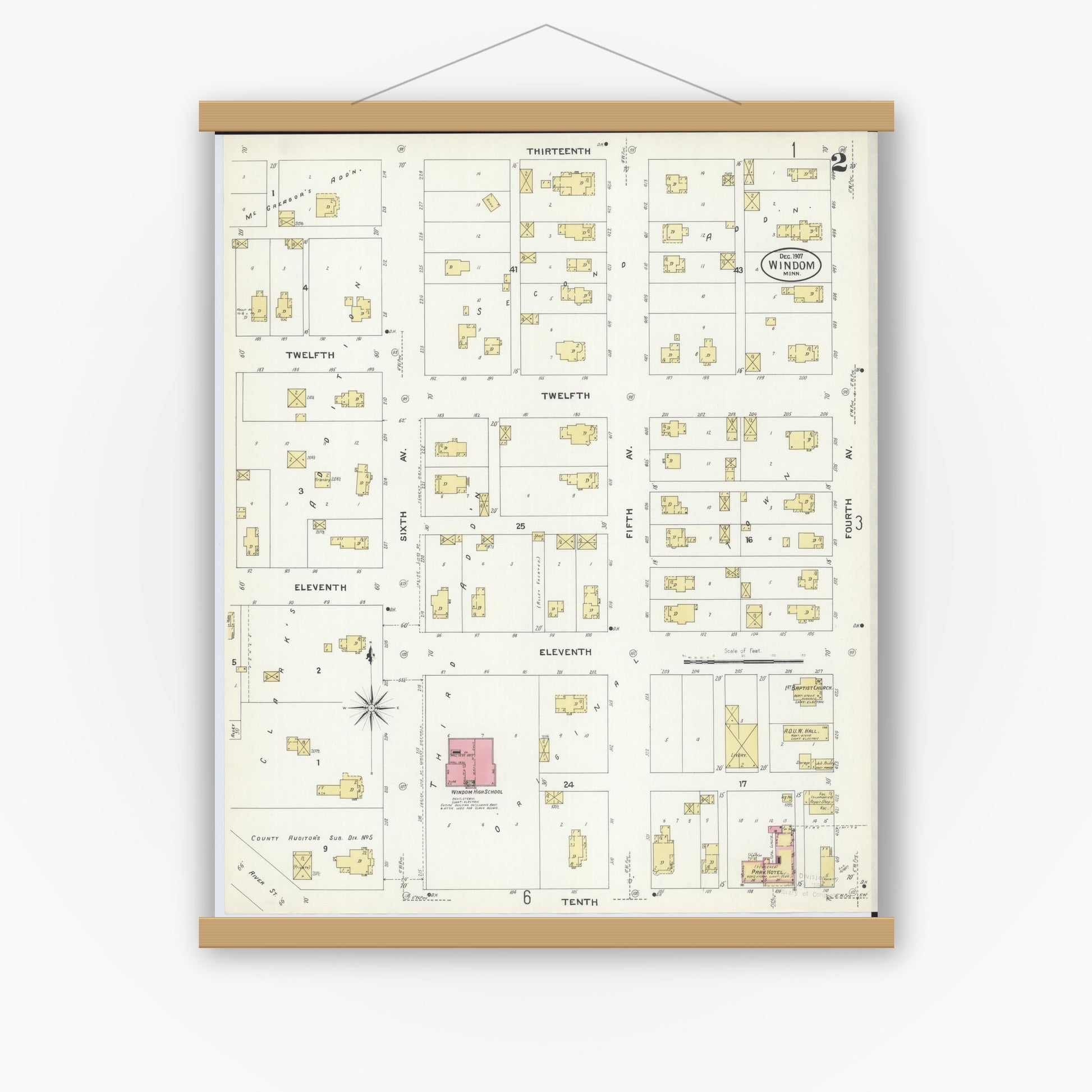 Old map wall art mockup — magnetic wood frame on white wall — Sanborn Fire Insurance Map from Windom, Cottonwood County, Minnesota (1907), Sheet #0002