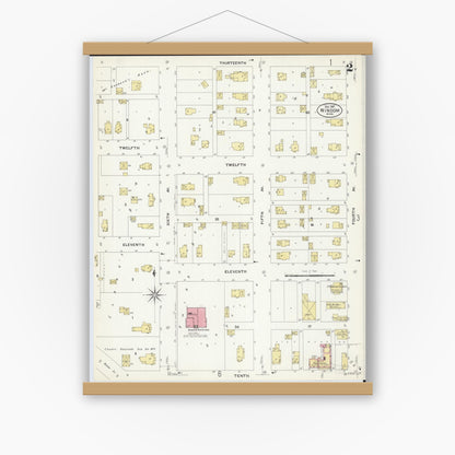 Old map wall art mockup — magnetic wood frame on white wall — Sanborn Fire Insurance Map from Windom, Cottonwood County, Minnesota (1907), Sheet #0002