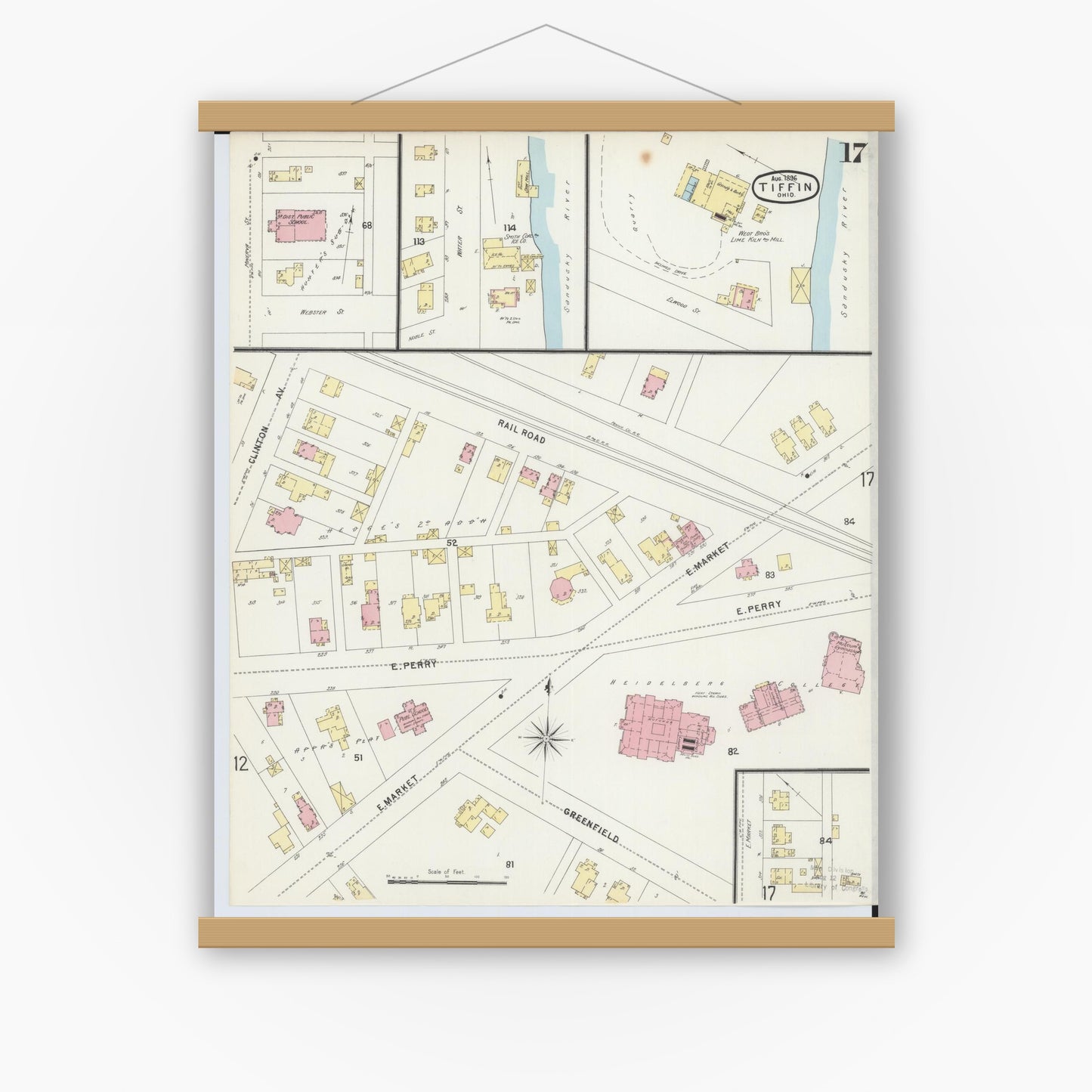 Old map wall art mockup — magnetic wood frame on white wall — Sanborn Fire Insurance Map from Tiffin, Seneca County, Ohio (1896), Sheet #0017