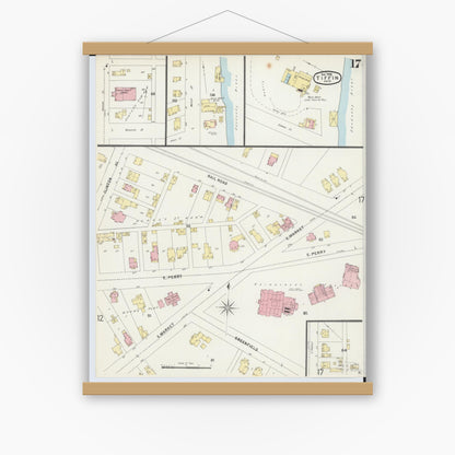 Old map wall art mockup — magnetic wood frame on white wall — Sanborn Fire Insurance Map from Tiffin, Seneca County, Ohio (1896), Sheet #0017