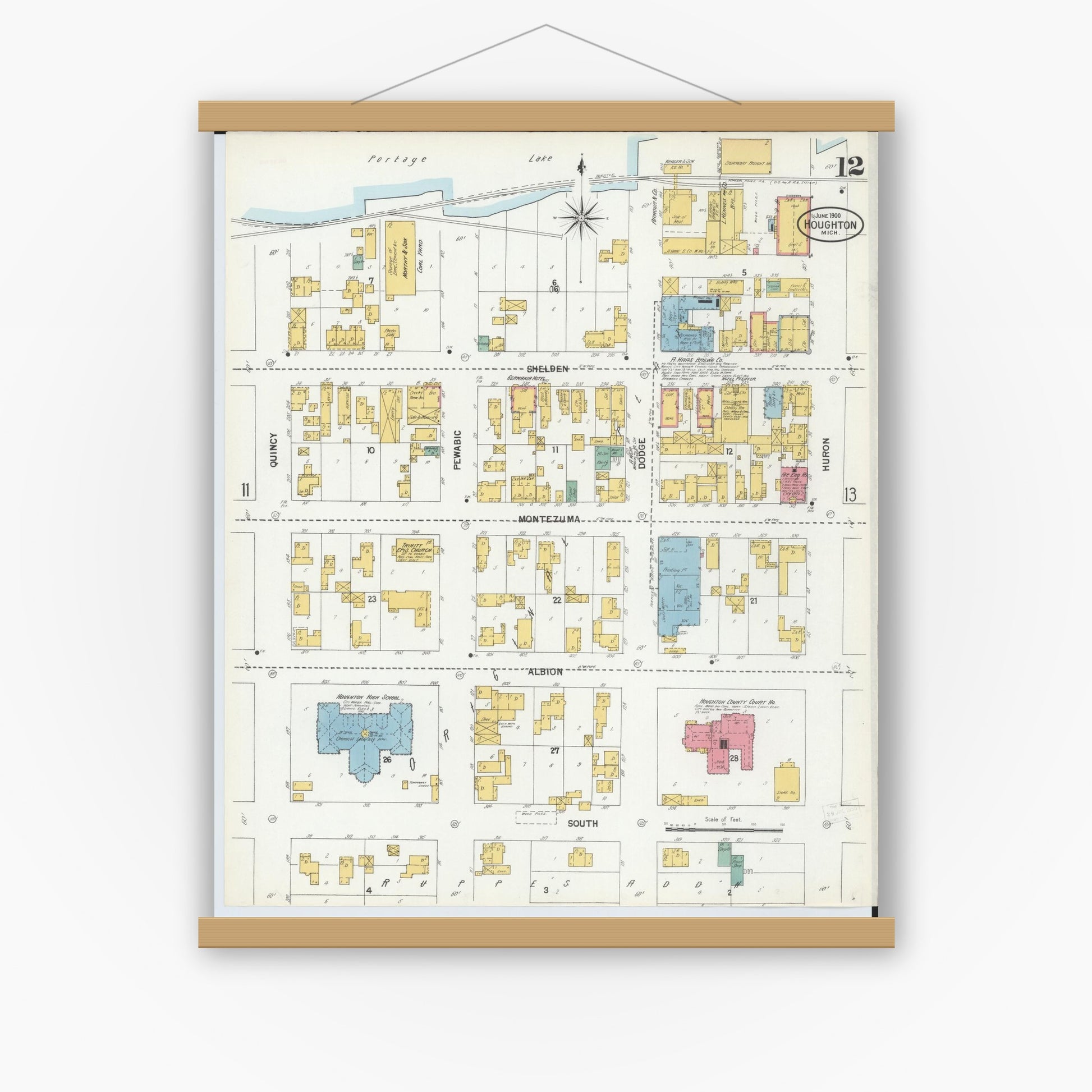 Old map wall art mockup — magnetic wood frame on white wall — Sanborn Fire Insurance Map from Houghton, Houghton County, Michigan (1900), Sheet #0012