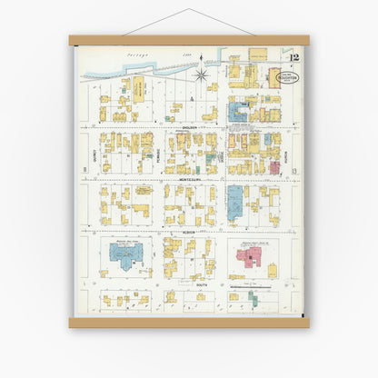 Old map wall art mockup — magnetic wood frame on white wall — Sanborn Fire Insurance Map from Houghton, Houghton County, Michigan (1900), Sheet #0012