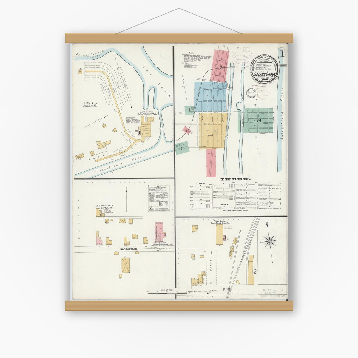 Old map wall art mockup — magnetic wood frame on white wall — Sanborn Fire Insurance Map from Selins Grove, Snyder County, Pennsylvania (1899) - Complete Map Set