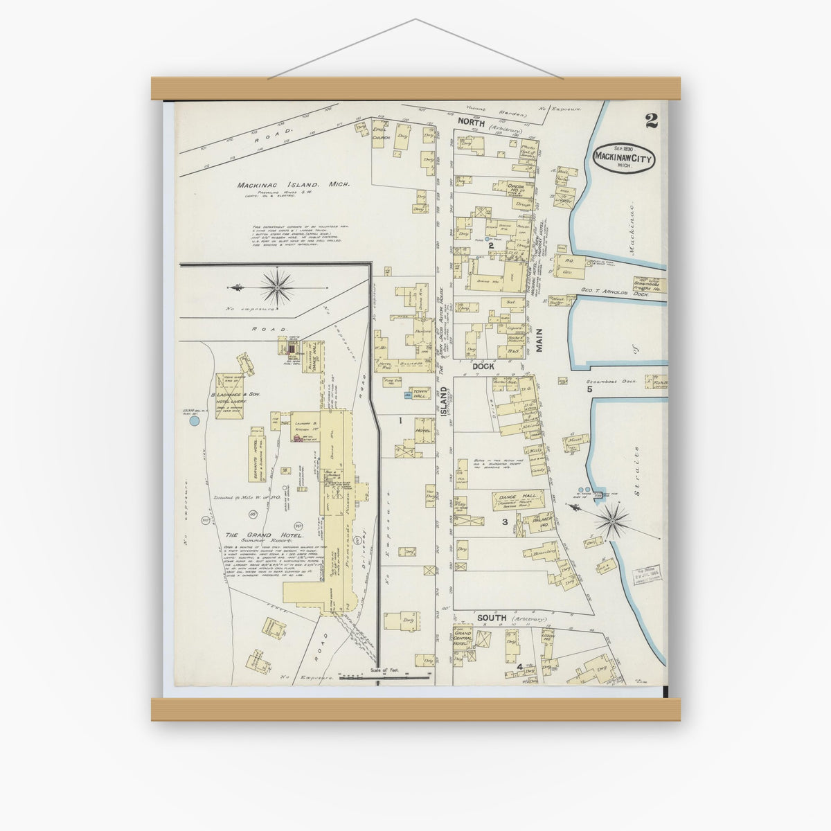 Old map wall art mockup — magnetic wood frame on white wall — Sanborn Fire Insurance Map from Mackinaw City, Cheboygan County, Michigan (1890), Sheet #0002