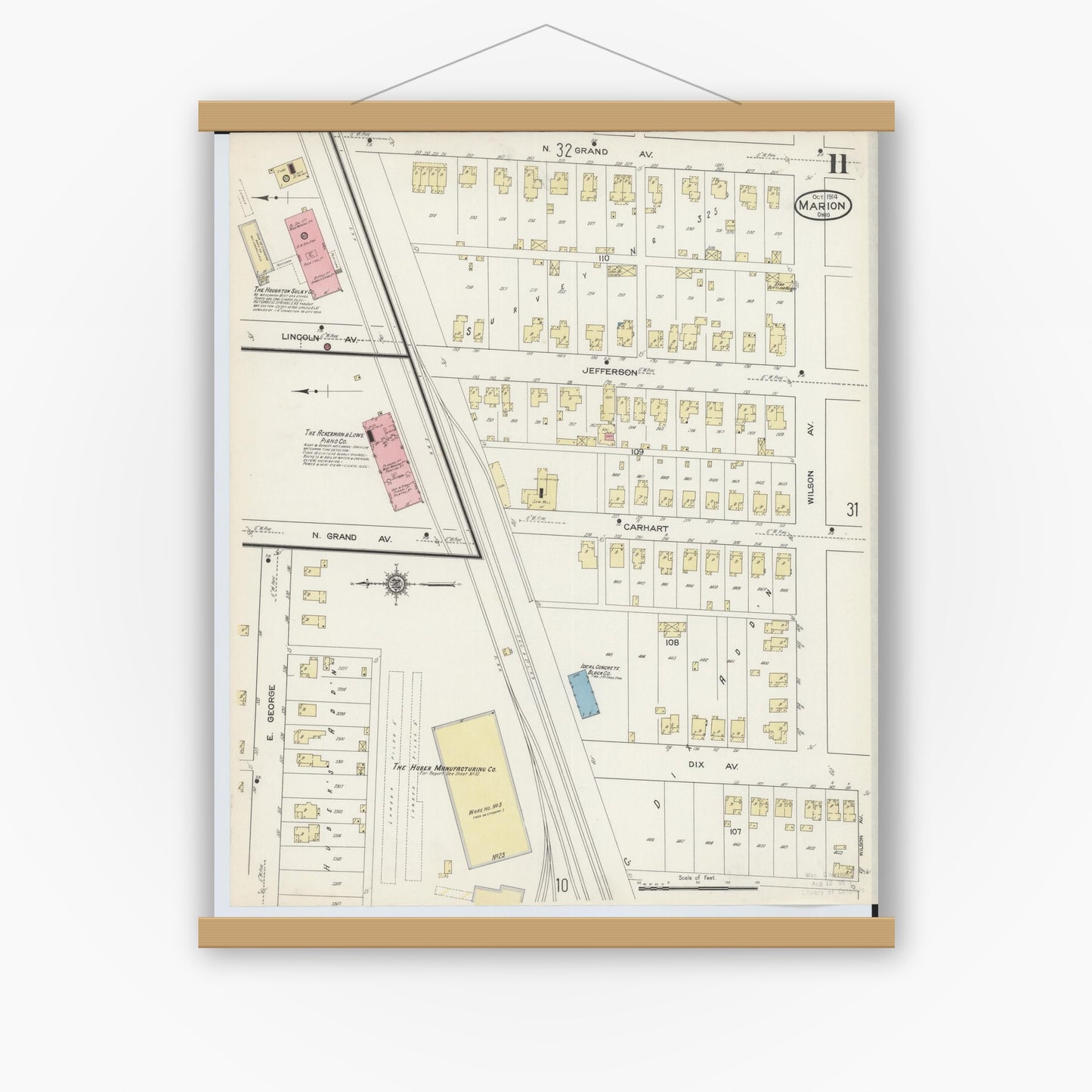 Old map wall art mockup — magnetic wood frame on white wall — Sanborn Fire Insurance Map from Marion, Marion County, Ohio (1914), Sheet #0011