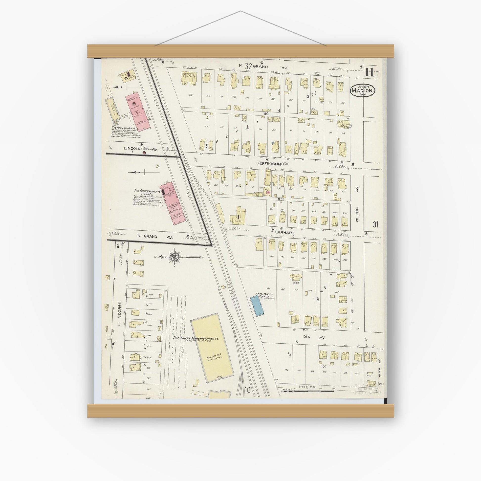 Old map wall art mockup — magnetic wood frame on white wall — Sanborn Fire Insurance Map from Marion, Marion County, Ohio (1914), Sheet #0011