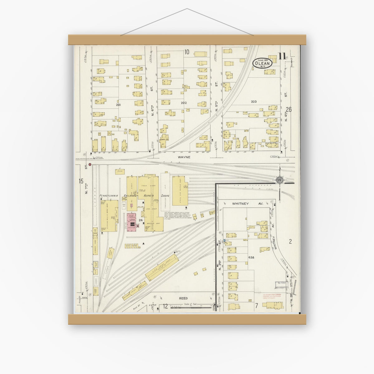 Old map wall art mockup — magnetic wood frame on white wall — Sanborn Fire Insurance Map from Olean, Cattaraugus County, New York (1915), Sheet #0011