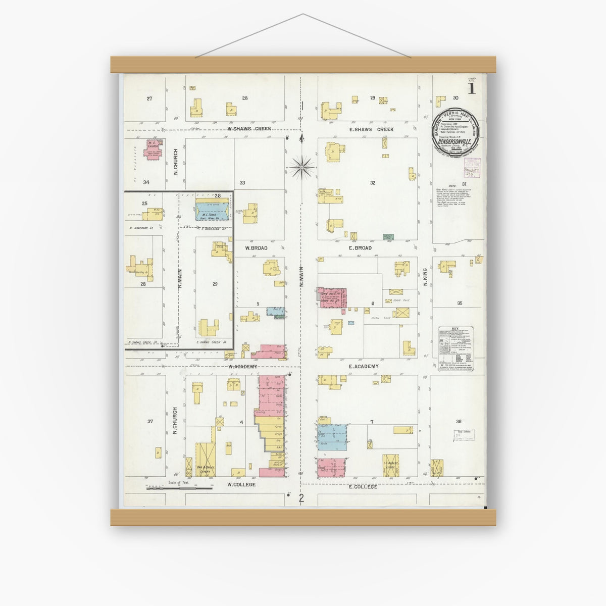 Old map wall art mockup — magnetic wood frame on white wall — Sanborn Fire Insurance Map from Hendersonville, Henderson County, North Carolina (1901), Sheet #0001