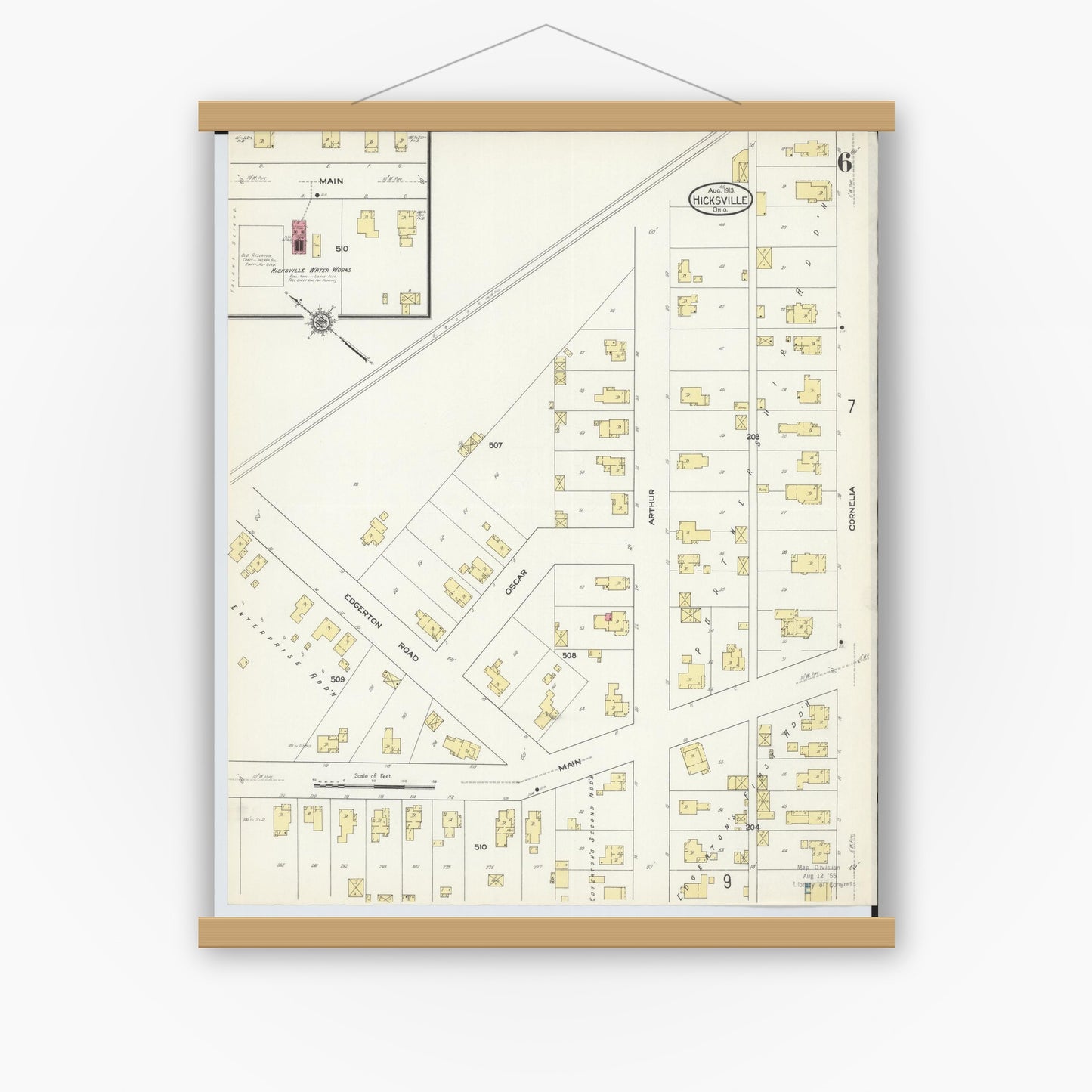 Old map wall art mockup — magnetic wood frame on white wall — Sanborn Fire Insurance Map from Hicksville, Defiance County, Ohio (1913), Sheet #0006