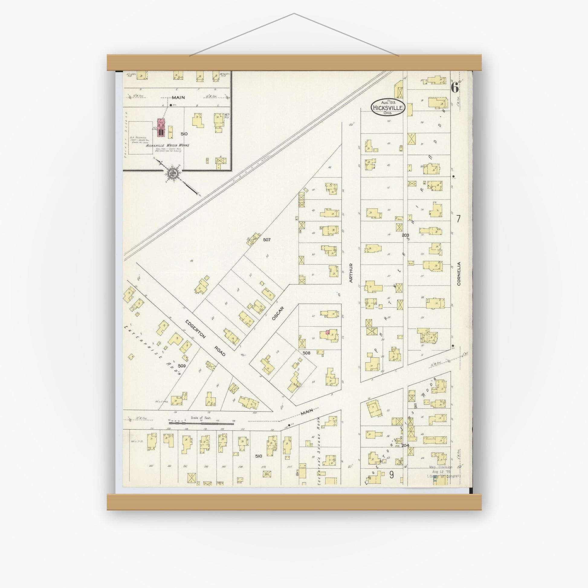 Old map wall art mockup — magnetic wood frame on white wall — Sanborn Fire Insurance Map from Hicksville, Defiance County, Ohio (1913), Sheet #0006