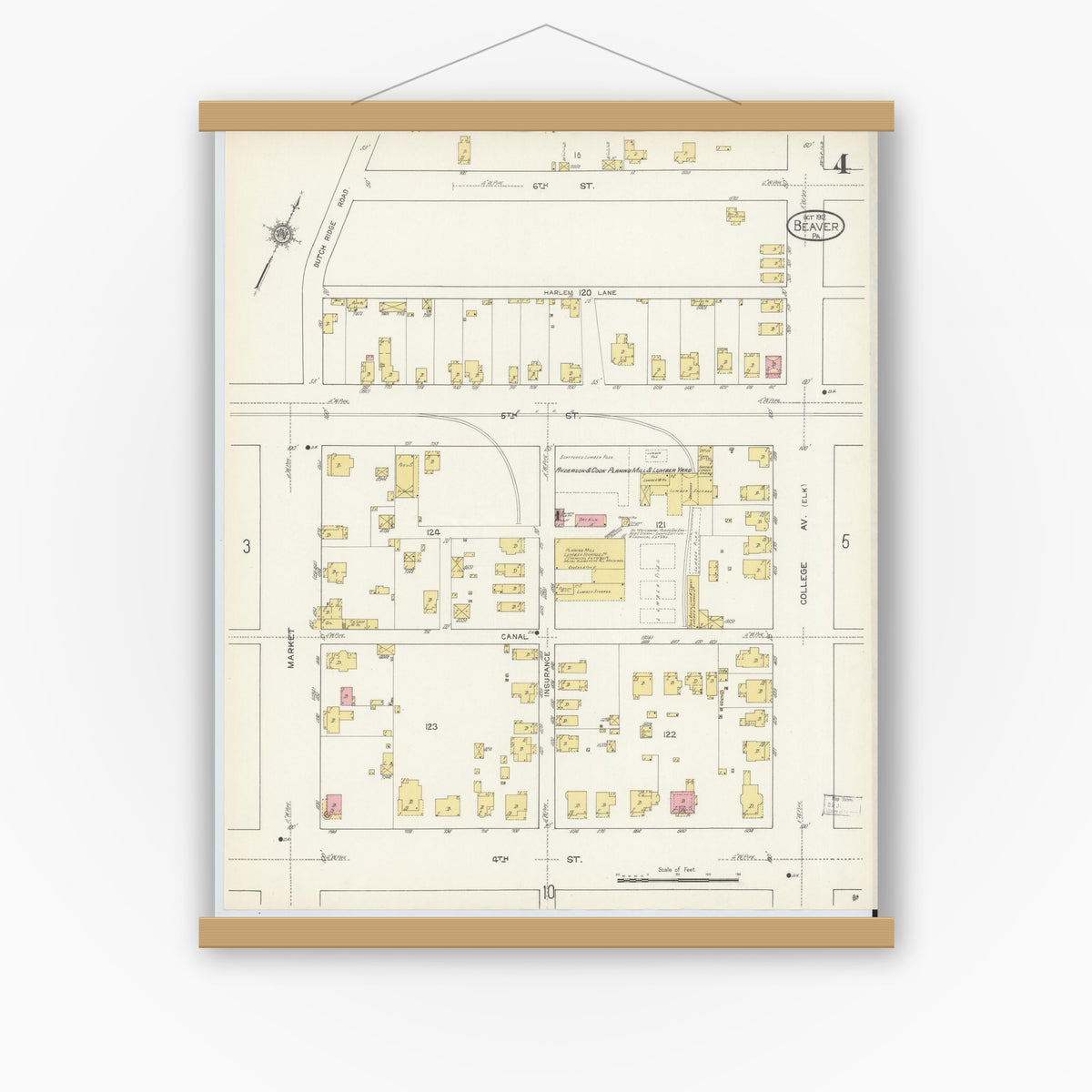 Old map wall art mockup — magnetic wood frame on white wall — Sanborn Fire Insurance Map from Beaver, Beaver County, Pennsylvania (1912), Sheet #0004