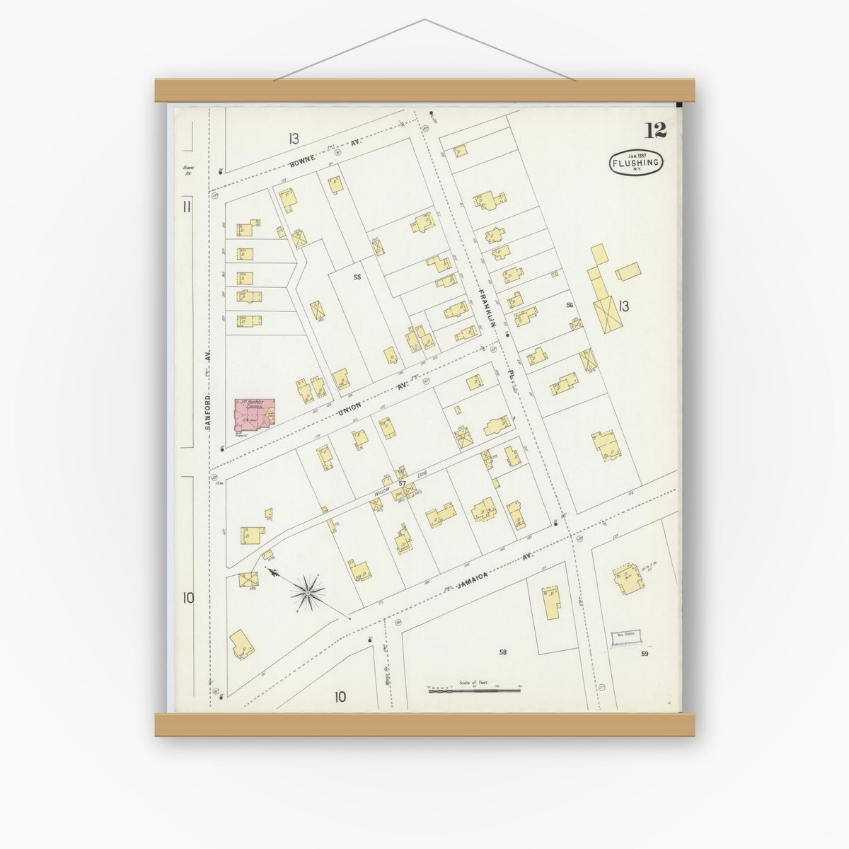 Old map wall art mockup — magnetic wood frame on white wall — Sanborn Fire Insurance Map from Flushing, Queens County, New York (1897), Sheet #0012