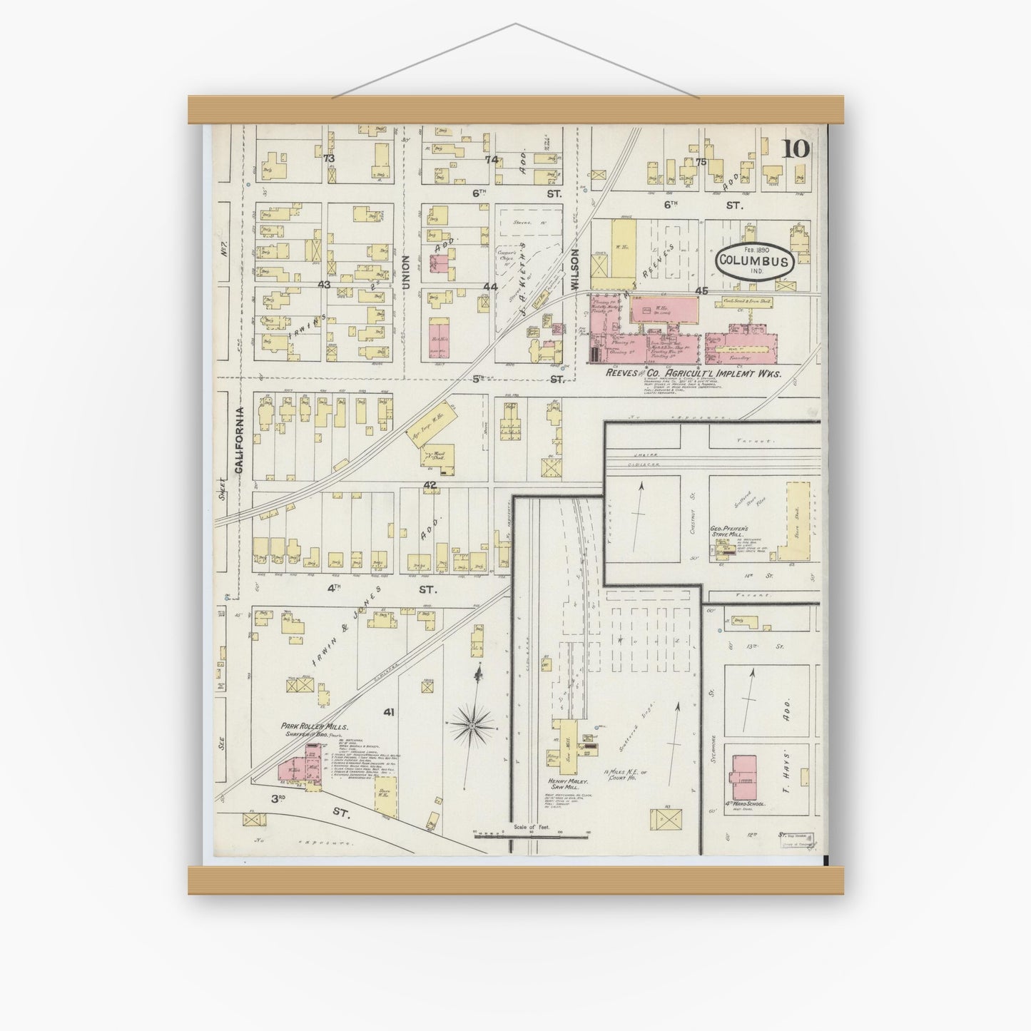 Old map wall art mockup — magnetic wood frame on white wall — Sanborn Fire Insurance Map from Columbus, Bartholomew County, Indiana (1890), Sheet #0010