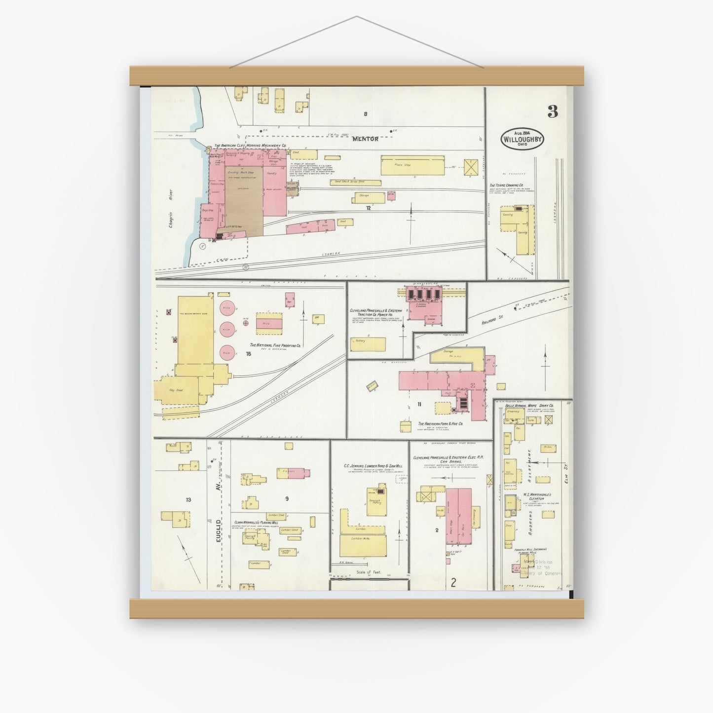 Old map wall art mockup — magnetic wood frame on white wall — Sanborn Fire Insurance Map from Willoughby, Lake County, Ohio (1904), Sheet #0003