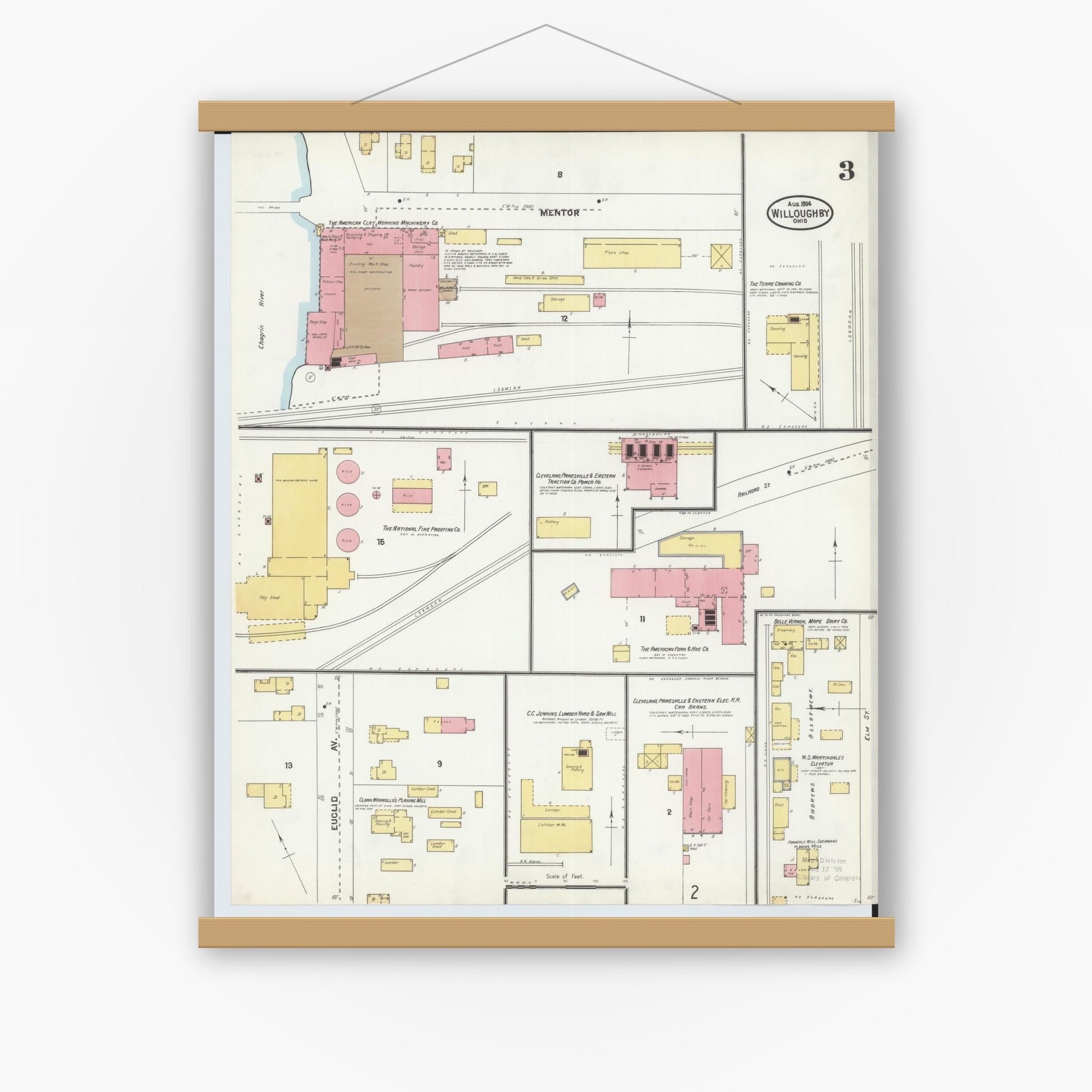 Old map wall art mockup — magnetic wood frame on white wall — Sanborn Fire Insurance Map from Willoughby, Lake County, Ohio (1904), Sheet #0003
