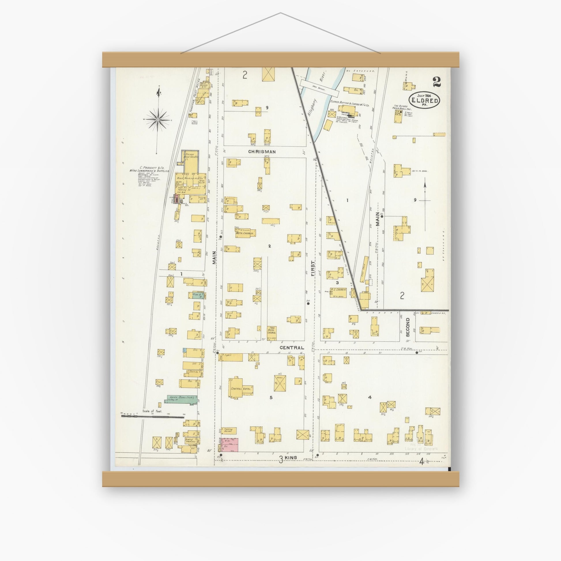 Old map wall art mockup — magnetic wood frame on white wall — Sanborn Fire Insurance Map from Eldred, McKean County, Pennsylvania (1904), Sheet #0002