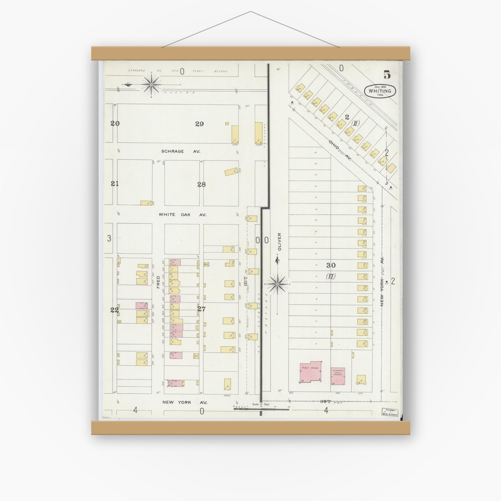 Old map wall art mockup — magnetic wood frame on white wall — Sanborn Fire Insurance Map from Whiting, Lake County, Indiana (1896), Sheet #0005