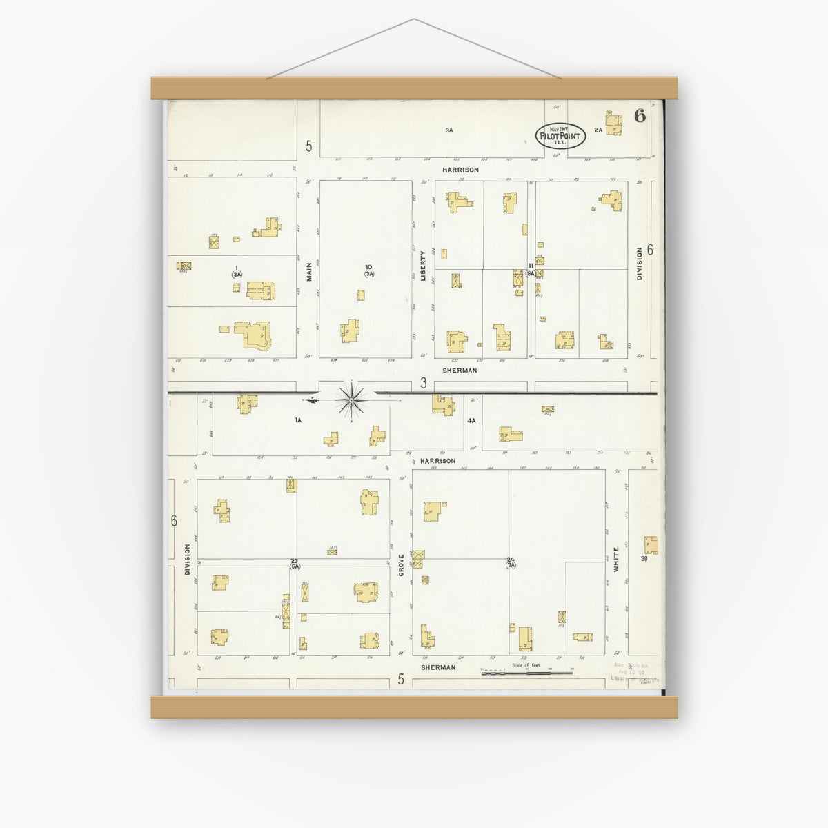 Old map wall art mockup — magnetic wood frame on white wall — Sanborn Fire Insurance Map from Pilot Point, Denton County, Texas (1907), Sheet #0006