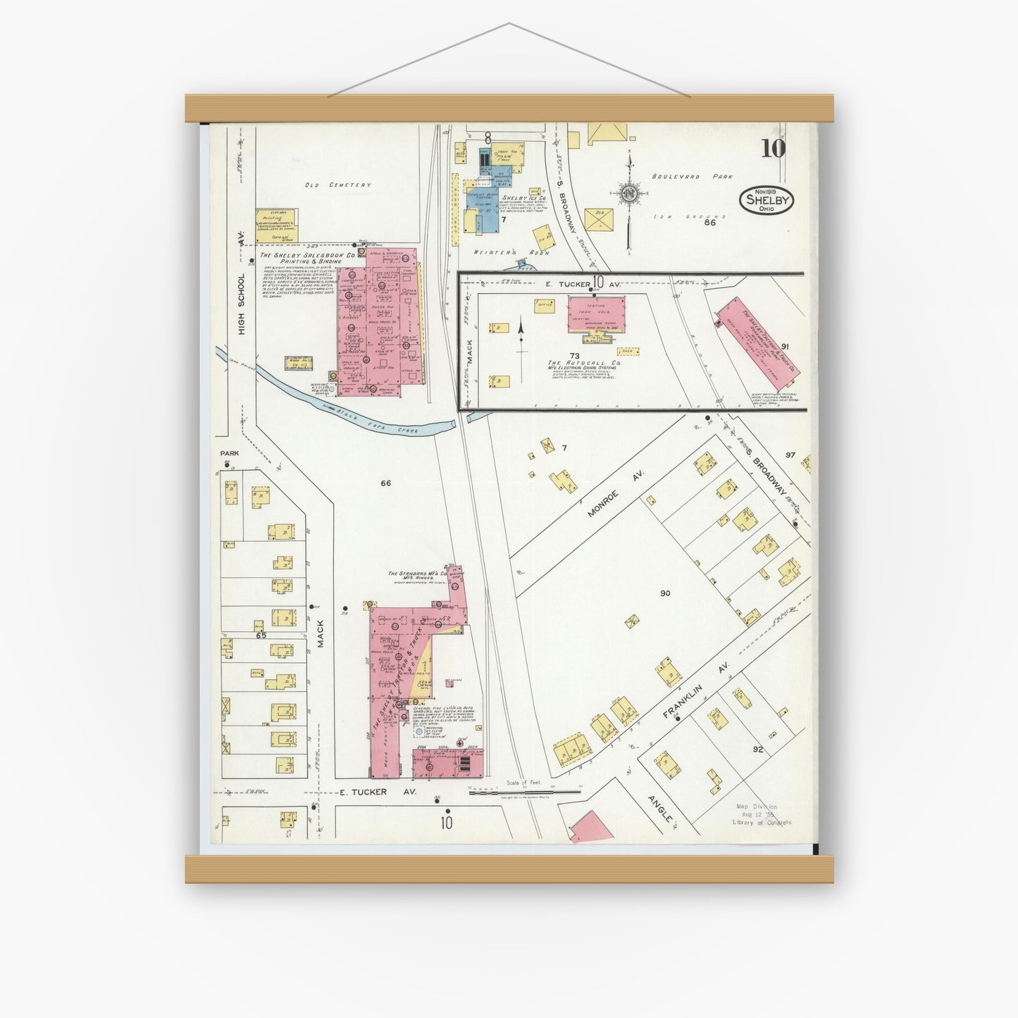 Old map wall art mockup — magnetic wood frame on white wall — Sanborn Fire Insurance Map from Shelby, Richland County, Ohio (1919), Sheet #0010