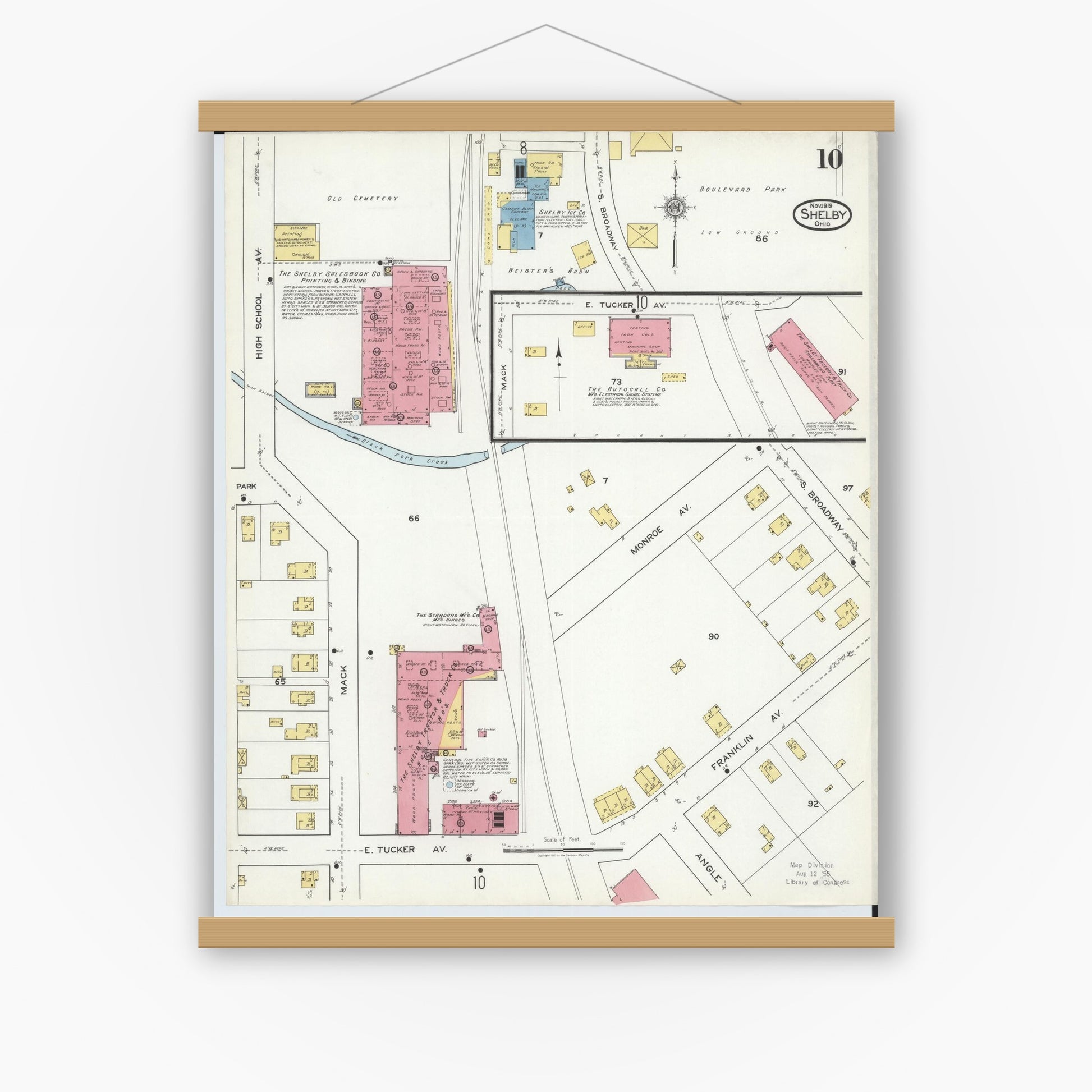 Old map wall art mockup — magnetic wood frame on white wall — Sanborn Fire Insurance Map from Shelby, Richland County, Ohio (1919), Sheet #0010