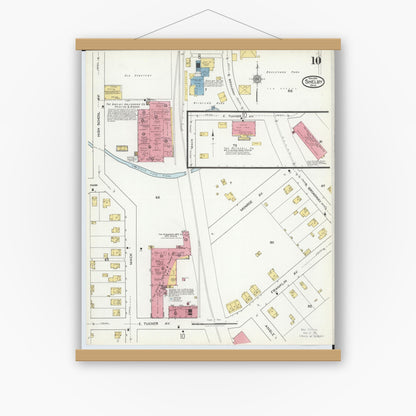 Old map wall art mockup — magnetic wood frame on white wall — Sanborn Fire Insurance Map from Shelby, Richland County, Ohio (1919), Sheet #0010
