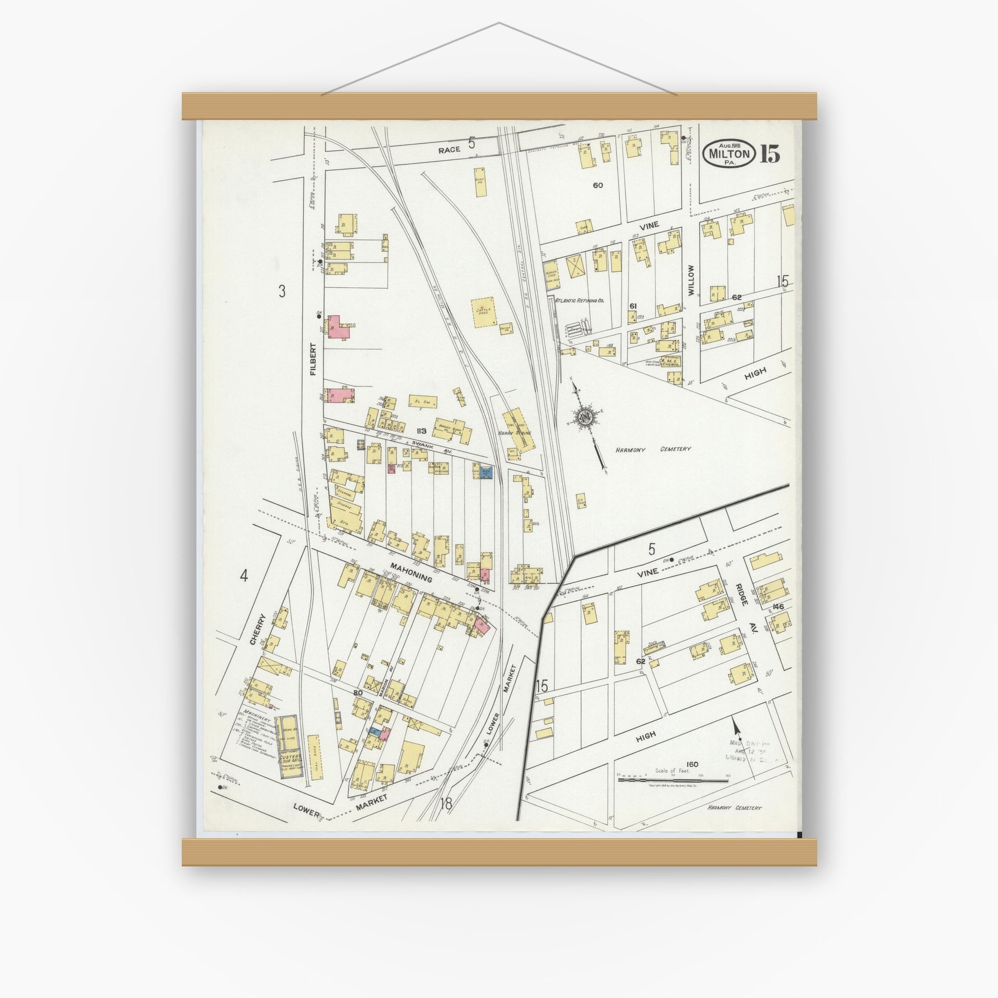 Old map wall art mockup — magnetic wood frame on white wall — Sanborn Fire Insurance Map from Milton, Northumberland County, Pennsylvania (1918), Sheet #0015