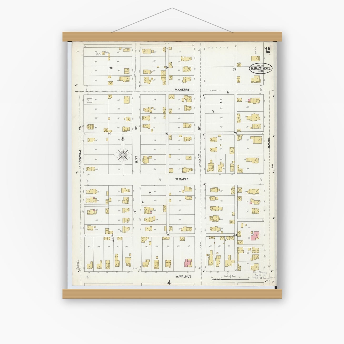 Old map wall art mockup — magnetic wood frame on white wall — Sanborn Fire Insurance Map from North Baltimore, Wood County, Ohio (1900), Sheet #0002