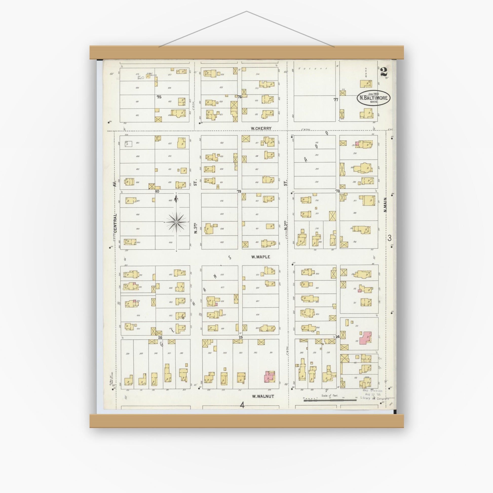 Old map wall art mockup — magnetic wood frame on white wall — Sanborn Fire Insurance Map from North Baltimore, Wood County, Ohio (1900), Sheet #0002