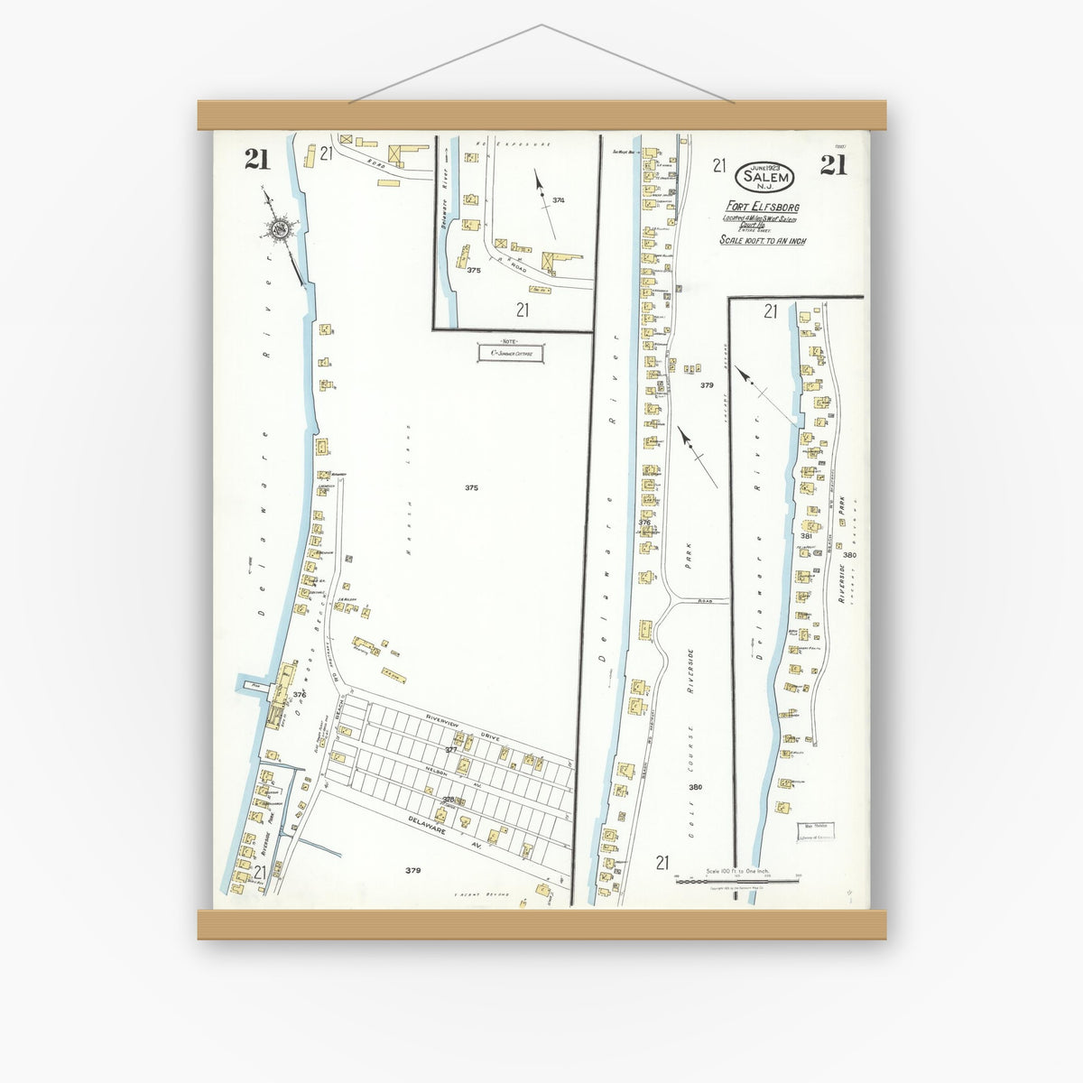 Old map wall art mockup — magnetic wood frame on white wall — Sanborn Fire Insurance Map from Salem, Salem County, New Jersey (1923), Sheet #0021