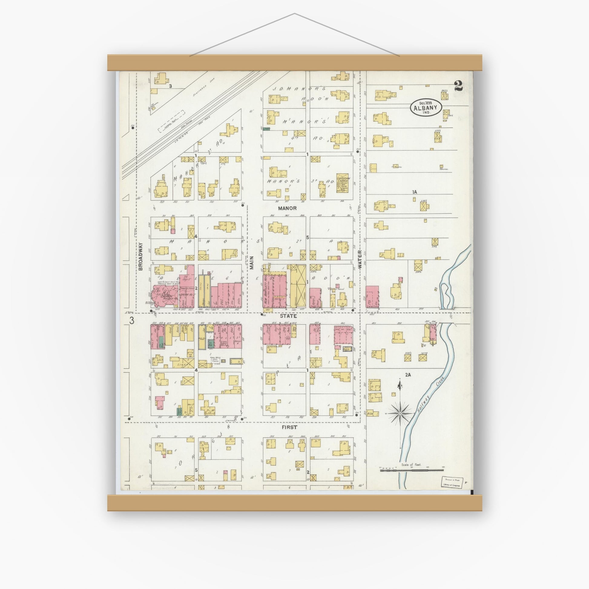 Old map wall art mockup — magnetic wood frame on white wall — Sanborn Fire Insurance Map from Albany, Delaware County, Indiana (1899), Sheet #0002
