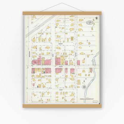 Old map wall art mockup — magnetic wood frame on white wall — Sanborn Fire Insurance Map from Albany, Delaware County, Indiana (1899), Sheet #0002