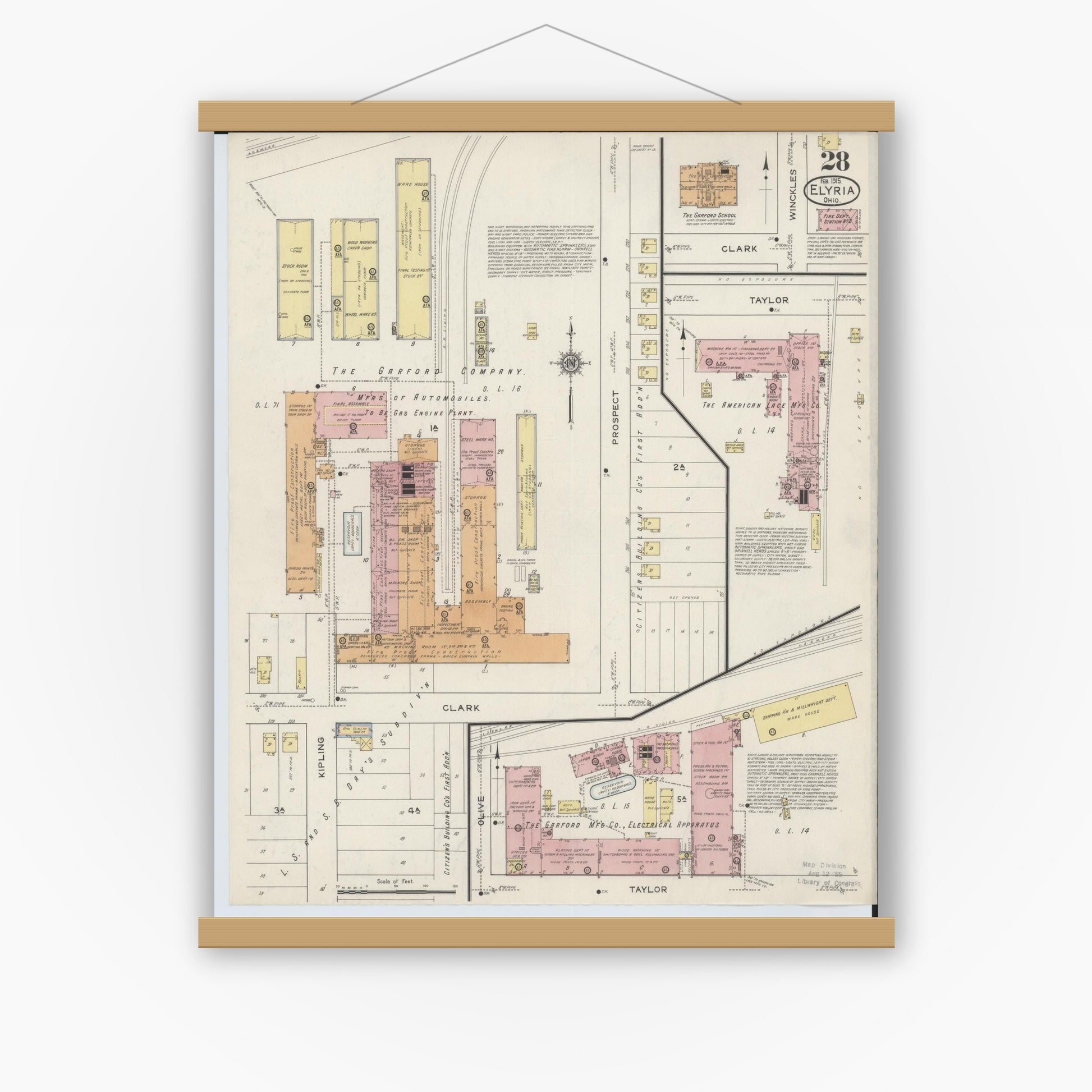 Old map wall art mockup — magnetic wood frame on white wall — Sanborn Fire Insurance Map from Elyria, Lorain County, Ohio (1915), Sheet #0028