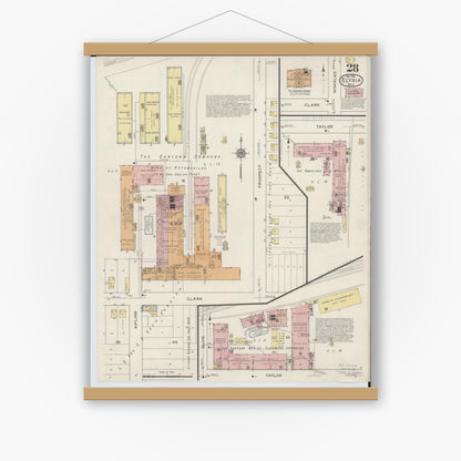Old map wall art mockup — magnetic wood frame on white wall — Sanborn Fire Insurance Map from Elyria, Lorain County, Ohio (1915), Sheet #0028