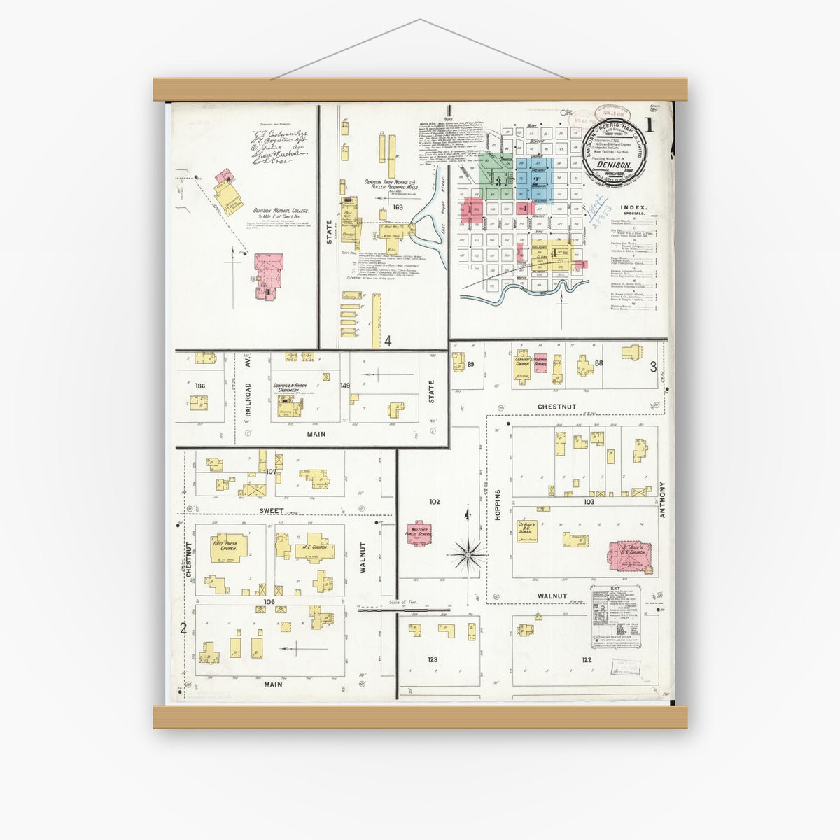 Old map wall art mockup — magnetic wood frame on white wall — Sanborn Fire Insurance Map from Denison, Crawford County, Iowa (1899) â€” Complete Set