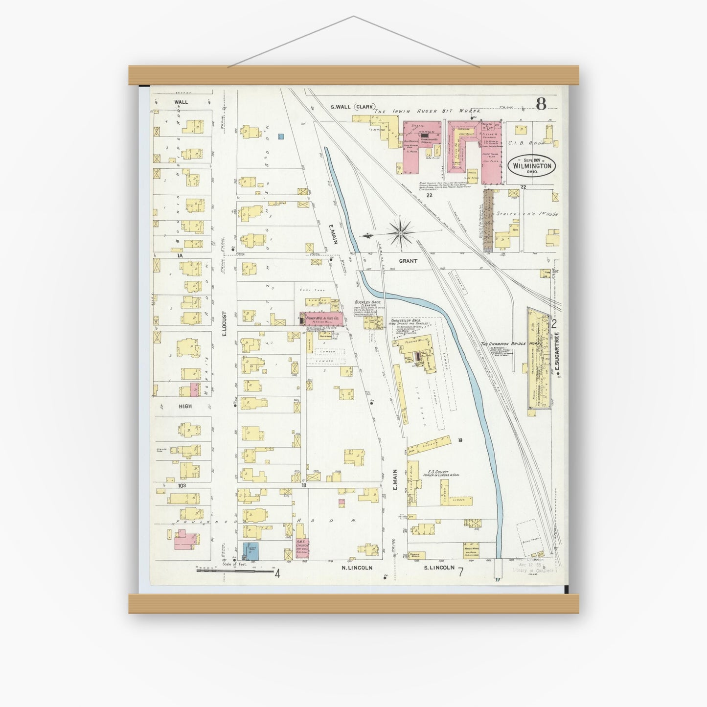 Old map wall art mockup — magnetic wood frame on white wall — Sanborn Fire Insurance Map from Wilmington, Clinton County, Ohio (1907), Sheet #0008