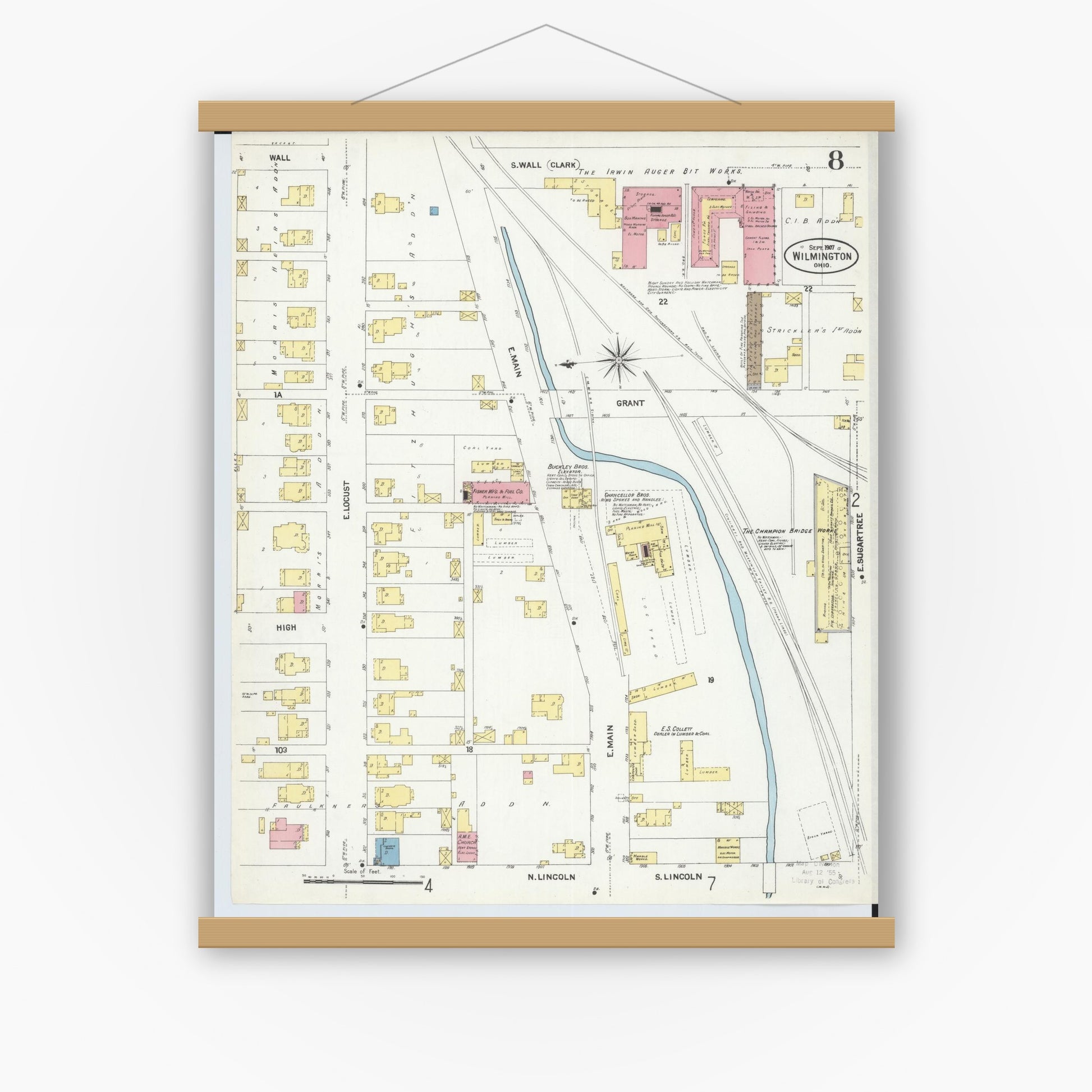 Old map wall art mockup — magnetic wood frame on white wall — Sanborn Fire Insurance Map from Wilmington, Clinton County, Ohio (1907), Sheet #0008
