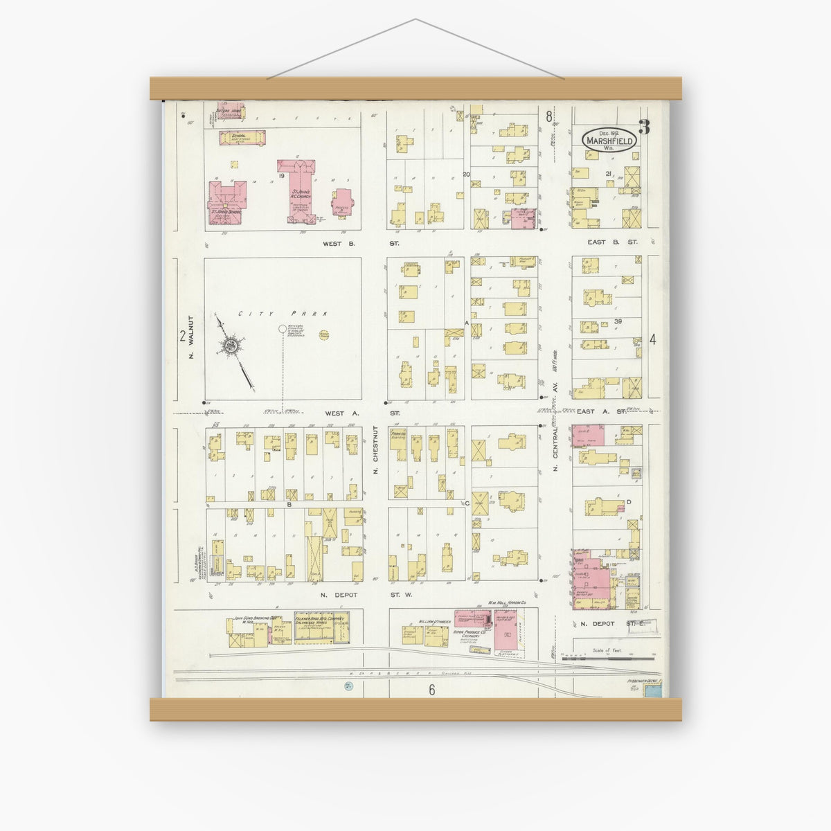 Old map wall art mockup — magnetic wood frame on white wall — Sanborn Fire Insurance Map from Marshfield, Wood County, Wisconsin (1912), Sheet #0003