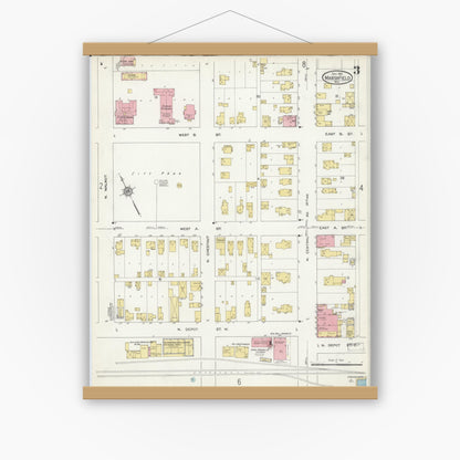 Old map wall art mockup — magnetic wood frame on white wall — Sanborn Fire Insurance Map from Marshfield, Wood County, Wisconsin (1912), Sheet #0003