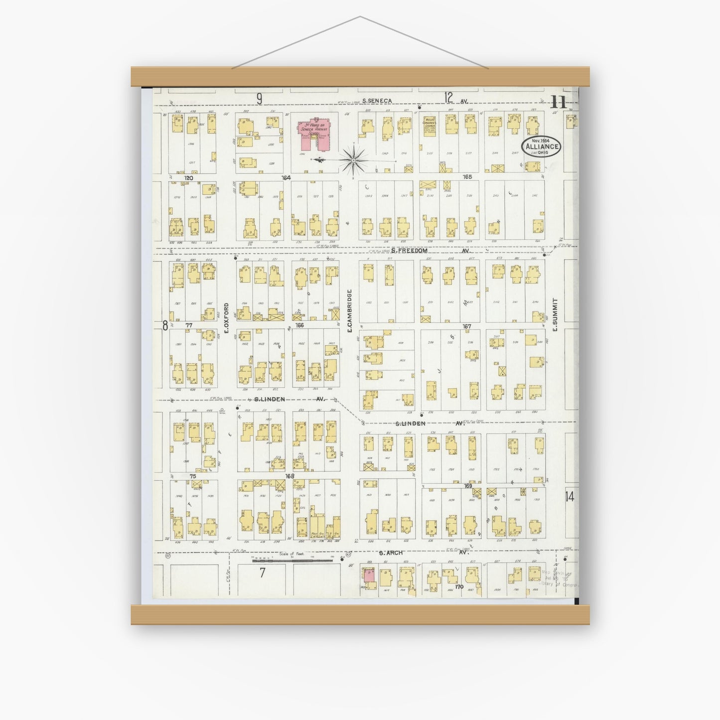 Old map wall art mockup — magnetic wood frame on white wall — Sanborn Fire Insurance Map from Alliance, Stark County, Ohio (1904), Sheet #0011