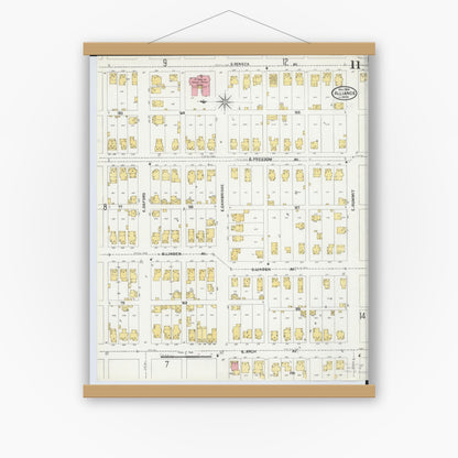 Old map wall art mockup — magnetic wood frame on white wall — Sanborn Fire Insurance Map from Alliance, Stark County, Ohio (1904), Sheet #0011
