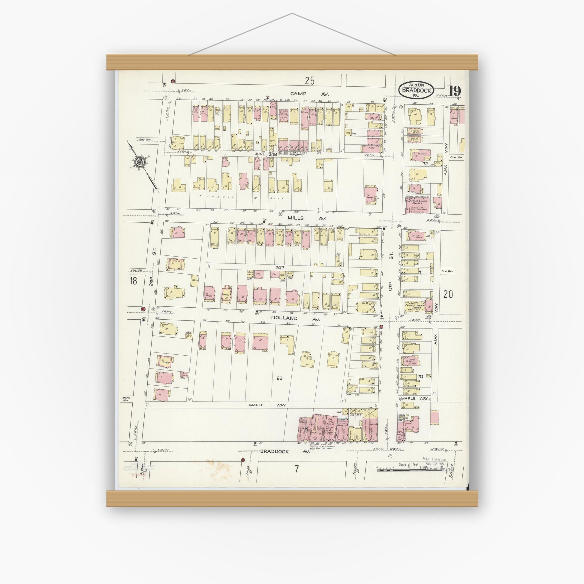 Old map wall art mockup — magnetic wood frame on white wall — Sanborn Fire Insurance Map from Braddock, Allegheny County, Pennsylvania (1914), Sheet #0019