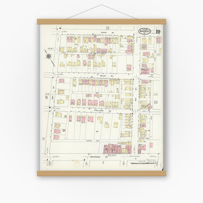 Old map wall art mockup — magnetic wood frame on white wall — Sanborn Fire Insurance Map from Braddock, Allegheny County, Pennsylvania (1914), Sheet #0019