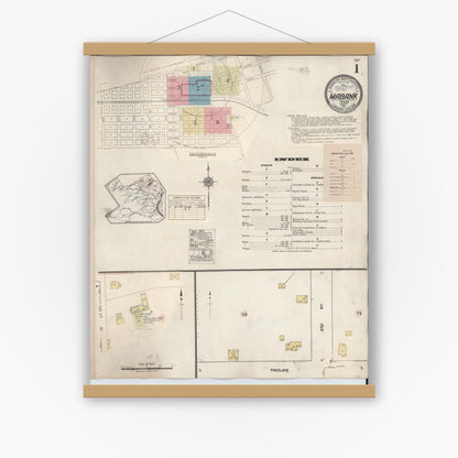 Old map wall art mockup — magnetic wood frame on white wall — Sanborn Fire Insurance Map from Mabank, Kaufman County, Texas (1934), Sheet #0001