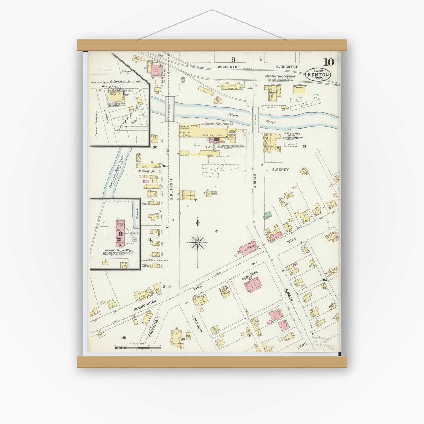 Old map wall art mockup — magnetic wood frame on white wall — Sanborn Fire Insurance Map from Kenton, Hardin County, Ohio (1897), Sheet #0010