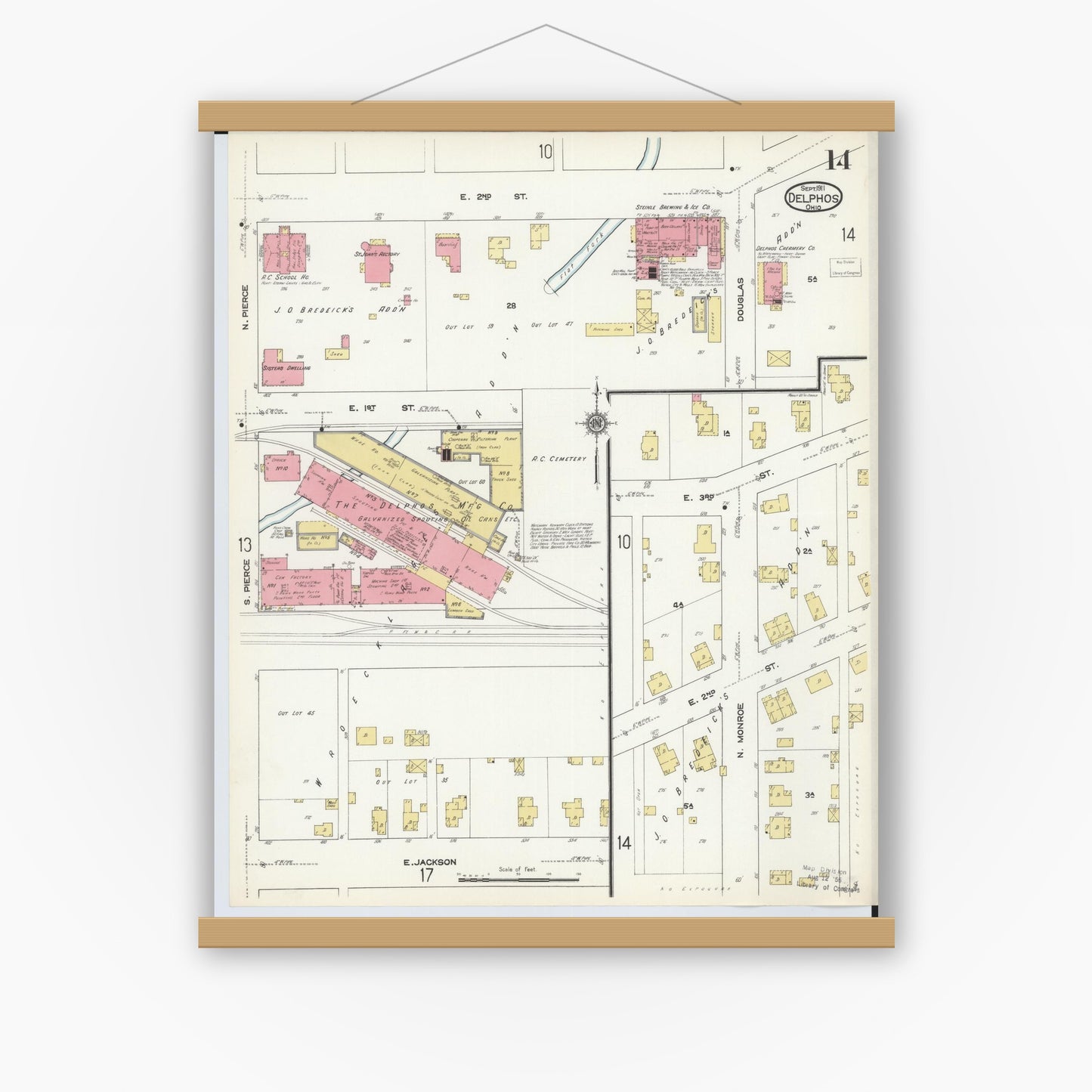 Old map wall art mockup — magnetic wood frame on white wall — Sanborn Fire Insurance Map from Delphos, Van Wert And Allen Counties, Ohio (1911), Sheet #0014